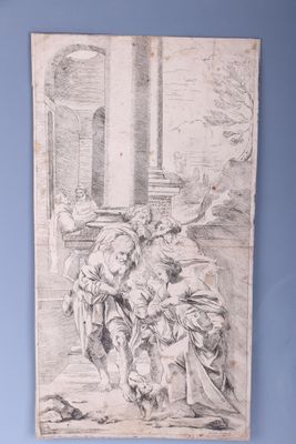an old drawing of a group of people in a room