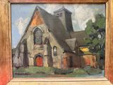 une peinture à l'huile représentant une église avec une porte rouge et un clocher