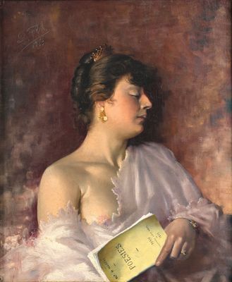 painting of a woman in a white dress holding a book
