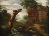 painting of a house in a wooded area with a stream running through it