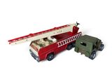 a toy fire truck and a toy truck with a ladder
