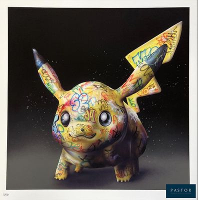 painting of a pokemon figure in a black background with space in the background