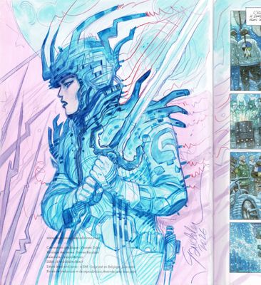une image représentant une bande dessinée sur laquelle figure une femme vêtue d'une tenue bleue
