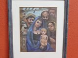 tableau représentant une femme tenant un bébé dans ses bras devant un groupe de personnes