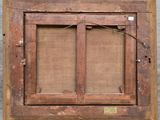 an old wooden window with a brown frame hanging on a wall