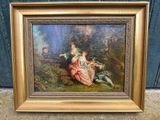 une image représentant un tableau où l'on voit une femme et deux enfants dans un décor boisé