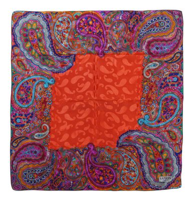 an orange and purple paisley print square scarf with a red border