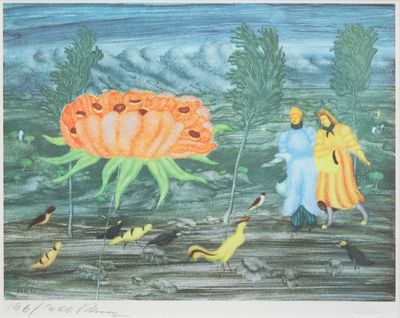 tableau représentant un homme et une femme marchant dans un champ, entourés d'oiseaux