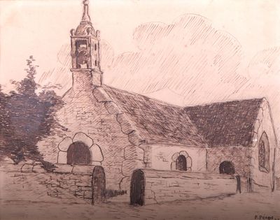 dessin d'une église avec un clocher et une tour d'horloge