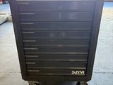 a close up of a black tool cabinet in a garage
