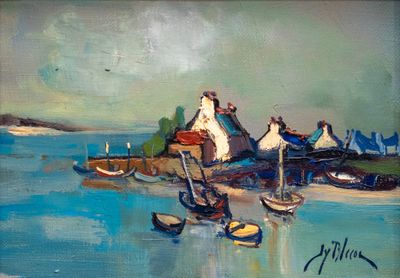 painting of a painting of boats in a harbor with a house in the background