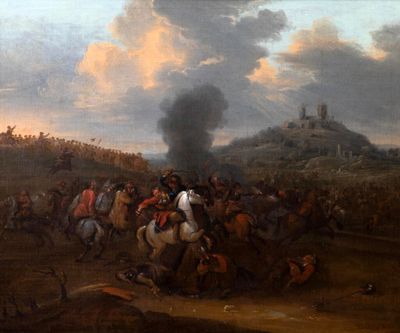une peinture représentant un groupe d'hommes à cheval