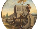 an image of a painting of a woman and a dog on a bridge