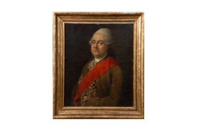 un vieux tableau représentant un homme avec une écharpe rouge, dans un cadre doré