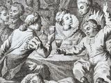 an old drawing of a group of people sitting around a table