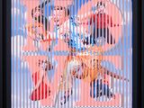 an abstract painting of a group of people in a cage