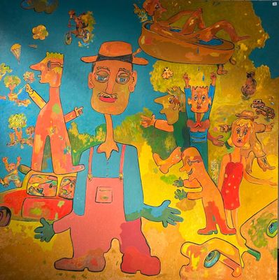 painting on the wall of a children ' s playroom with a man and a dog