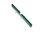 a close up of a green and white metal rail on a white background