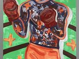 an oil painting of a man with boxing gloves on a green background