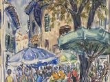 une image représentant un tableau où l'on voit des gens marcher dans une rue avec des parapluies