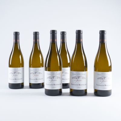 six bouteilles de vin sont alignées sur une surface blanche