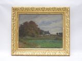 l'image d'une peinture représentant un champ avec une maison au loin