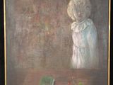 painting of a young girl sitting at a table with a book and a flower