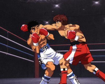 deux personnages d'anime qui se battent sur un ring de boxe dans une pièce sombre