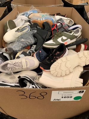 plusieurs paires de chaussures dans une boîte en carton posée sur le sol