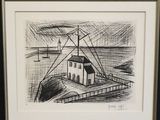 an image of a drawing of a house by the water