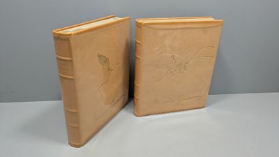 two old books sitting on top of a table next to each other