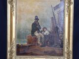 painting of a man with a dog on an easel