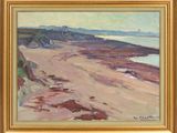 une peinture à l'huile représentant une scène de plage avec une falaise en arrière-plan