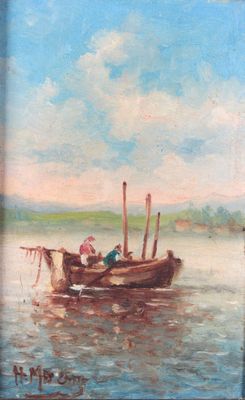 tableau représentant un bateau sur l'eau avec des personnes à bord