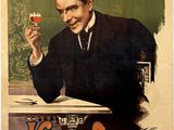poster of a man holding a glass of wine in front of a desk