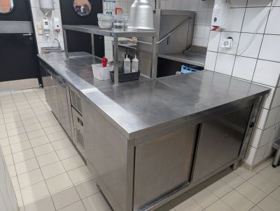 un grand plan de travail en acier inoxydable dans une cuisine professionnelle