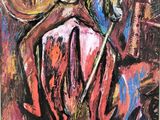 abstract painting of a man riding a horse with a hat on his head
