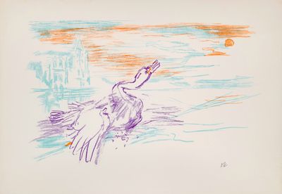 dessin représentant un oiseau volant au-dessus d'un plan d'eau, avec un coucher de soleil en arrière-plan