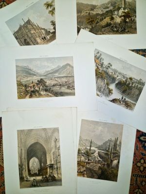 six aquarelles anciennes représentant un paysage avec un château en arrière-plan