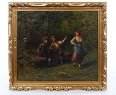 tableau représentant un couple jouant avec un chien dans un décor boisé