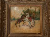 painting of a man on a horse and a woman on a horse in a field