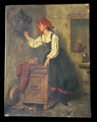 * Ecole du XIXe siècle Jeune femme à la cage dans un intérie…
