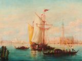 painting of boats in the water with a city in the background