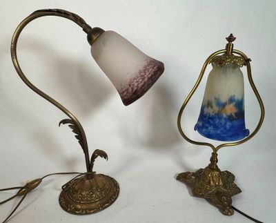 pair of antique table lamps with blue and white glass shades