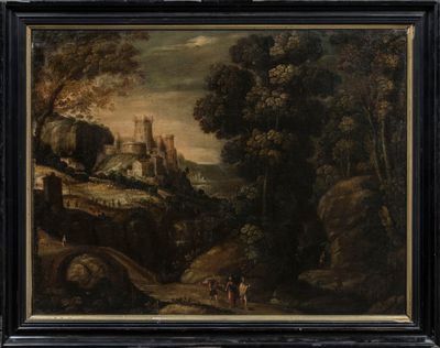 une peinture à l'huile d'un paysage avec un château au loin