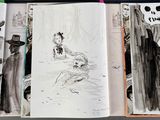 a drawing of a group of people standing in front of a book