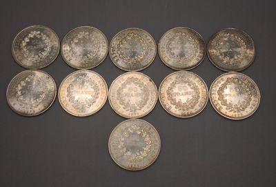 Lot de onze pièces en argent Hercule 50 francs. - Photo 1