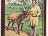 painting of a woman standing next to a donkey in a field