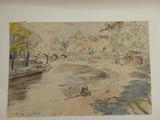 painting of a river scene with a boat and people on the bank