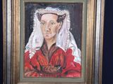 tableau représentant une femme en robe rouge posée sur un chevalet en bois